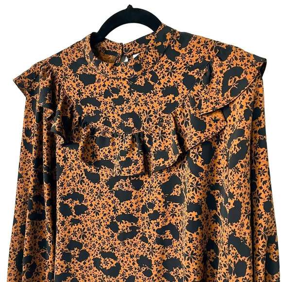 NWT Topshop Rust Brown Black Ruffle Long Sleeve Blouse Top Fall Career Office - Picture 3 of 12